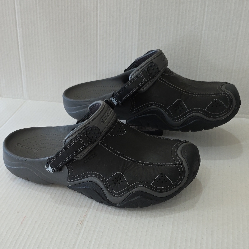 CROCS Swiftwater Leather Mens Black and Gray Sandals Size 13 - Picture 2 of 10